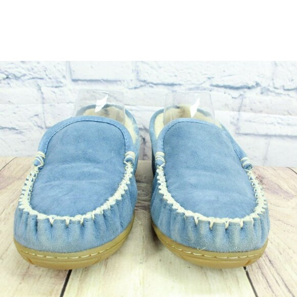 LL Bean Blue Suede Wicked Good Shearling Lined Venetian Slippers Size 8 M - Picture 4 of 9